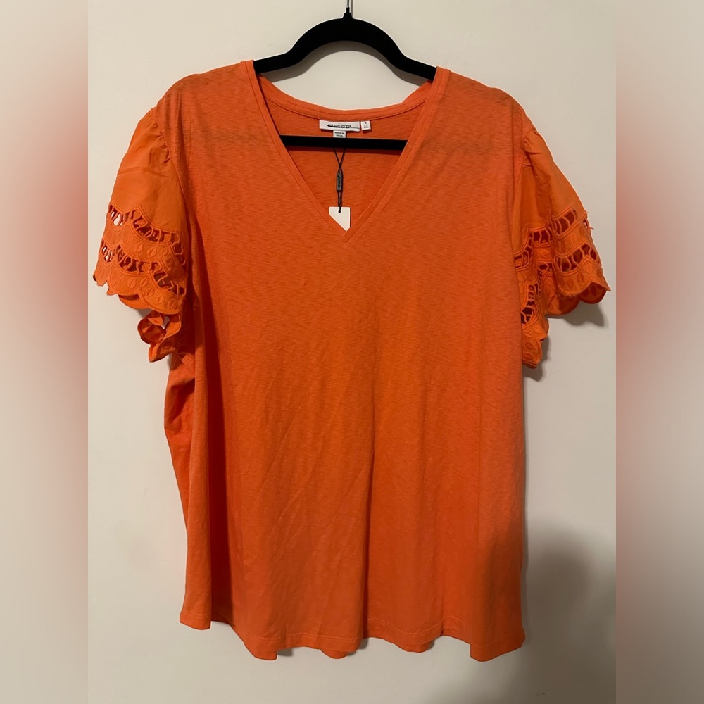 Chico’s Eyelet Tiered Sleeve Top Sz 4 US XXL Minimalist V Neck Cotton Tangerine